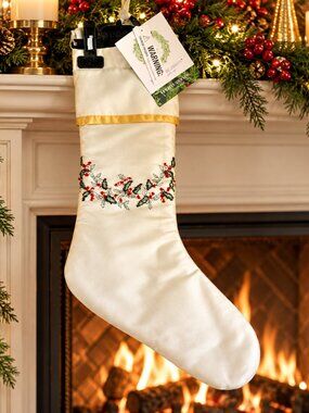 Secret Celebrity Christmas Stocking Embroidered Beaded Holly Garland 19 Inches